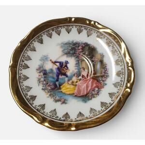 Vintage JKW Bavaria Porcelain Plate, Romantic Garden Scene, Gold Trim - Germany